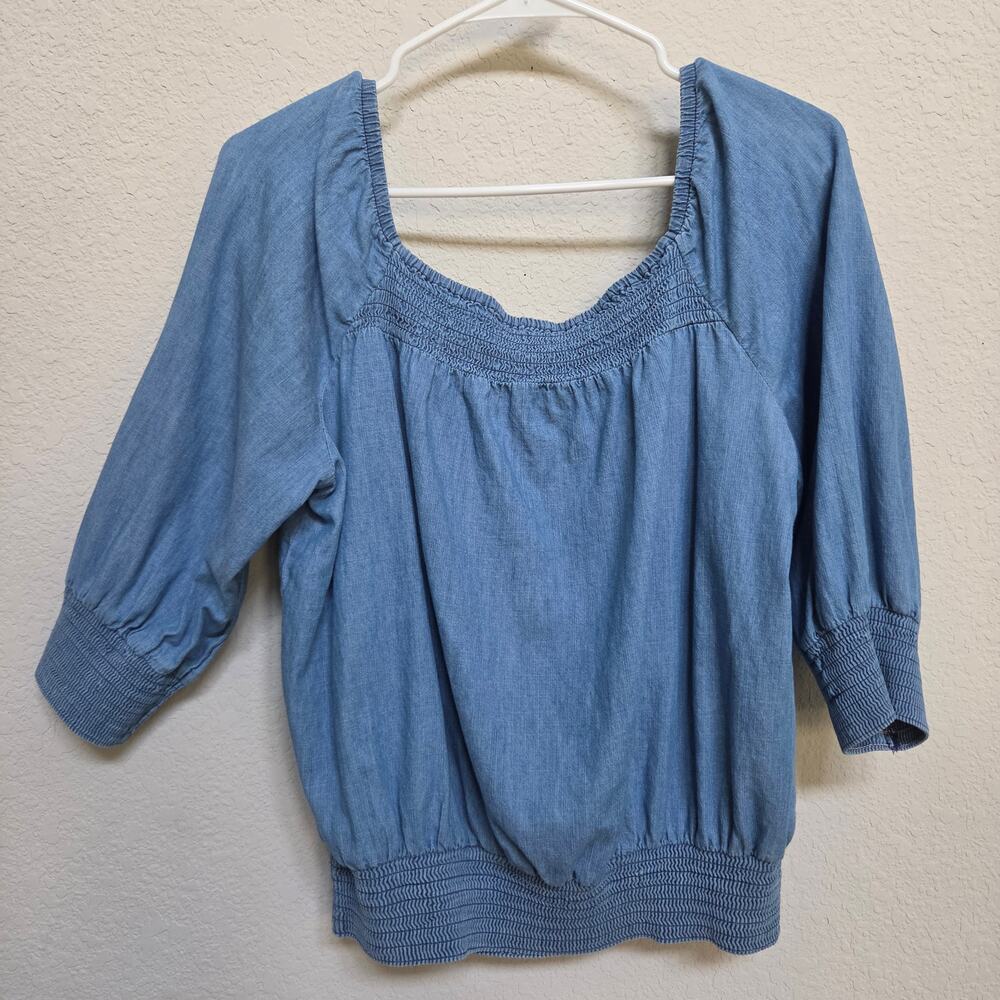 H&M Divided Chambray Top Womens 12 Cotton Peasant Off Shoulder Summer Casual